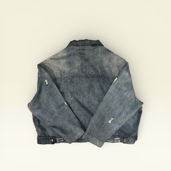 Easel Denim Jacket M Leopard Panel Distressed Button Front Medium Wash - Picture 4 of 5